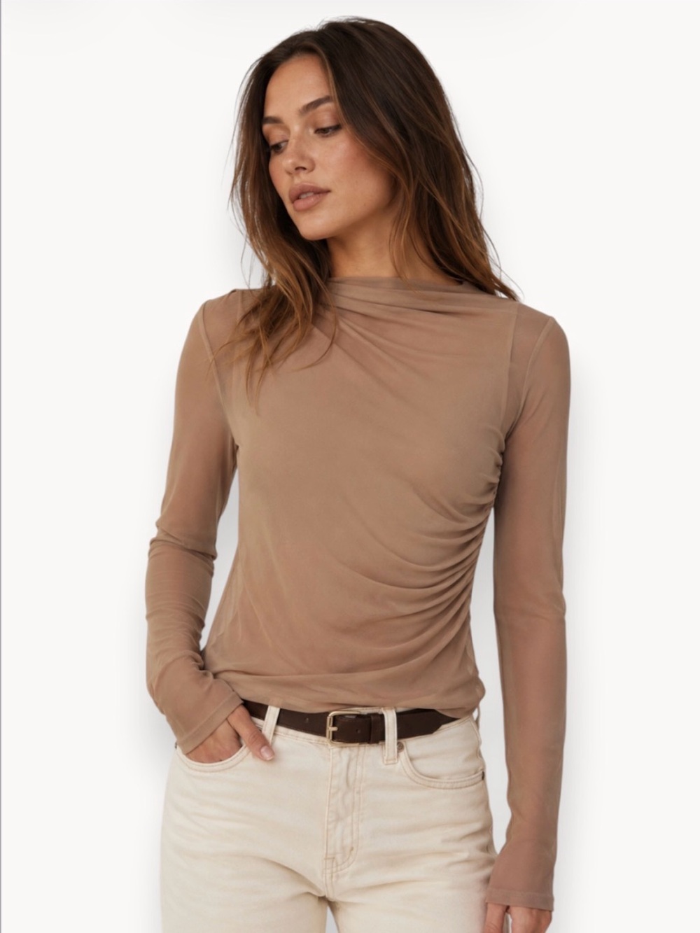Fore Women's Long-Sleeve Ruched Mesh Top - Taupe